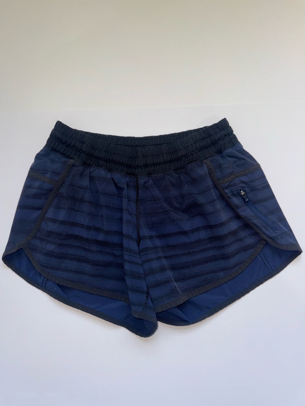 Lululemon Blue Striped Running Shorts Size 8 Built In Brief Zip Pocket